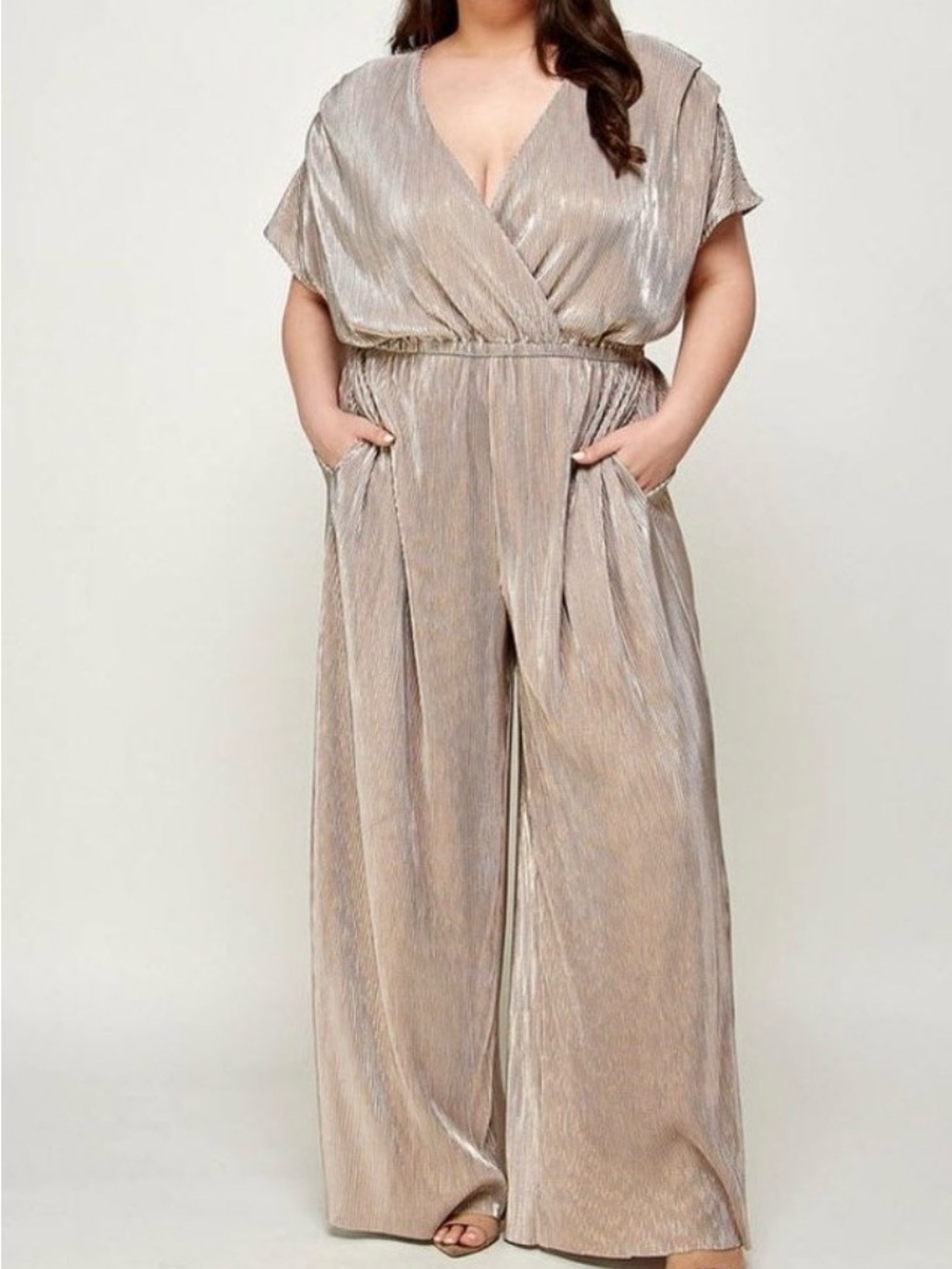 See and Be Seen Metallic Wide Leg Shimmer Gold Pleated Flare Arm Jumpsuit Large